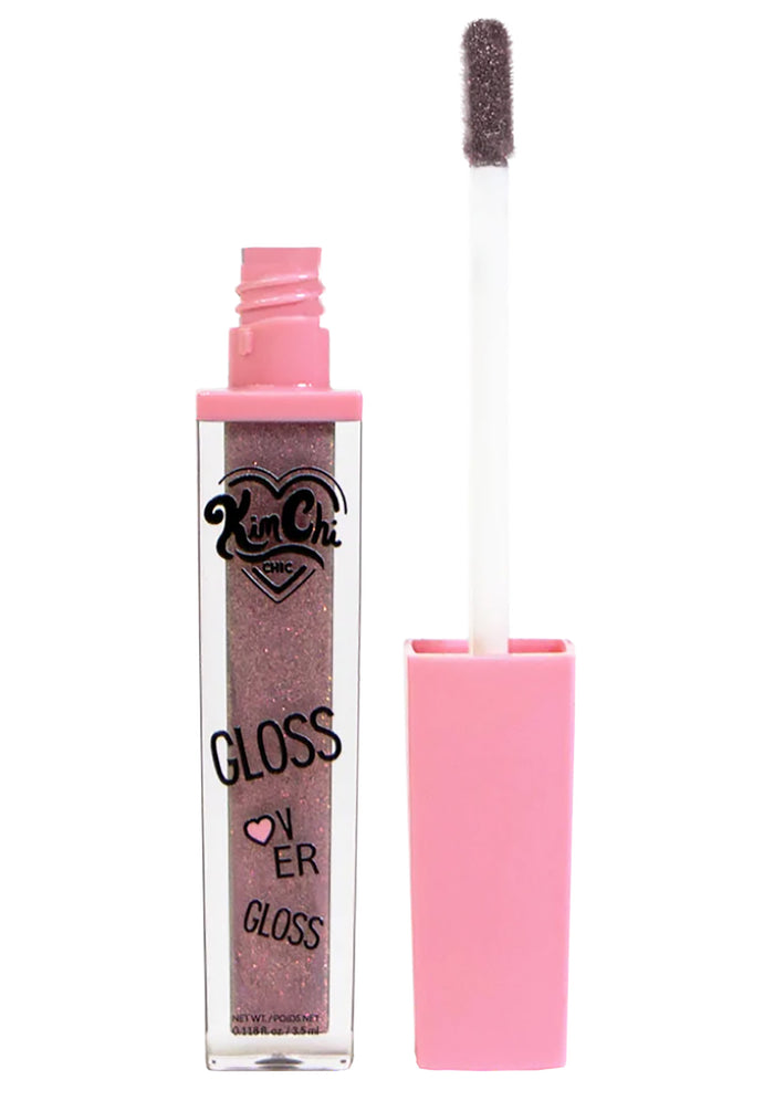 Kimchi Chic GLOSS OVER GLOSS Lip Gloss in 05 Aurora iridescent shimmer with doe-foot applicator twist cap on rave makeup lip gloss — swatch view