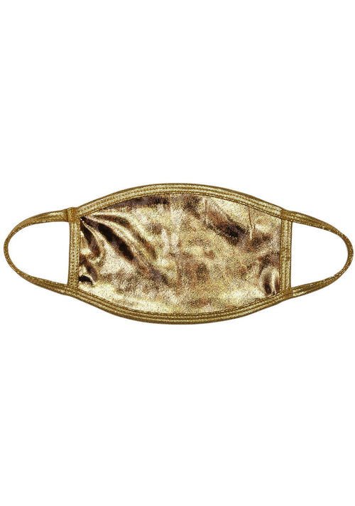 BGlittz Golden Cheetah Dust Mask in metallic gold with all-over cheetah print on metallic gold nylon rave festival face mask — front view