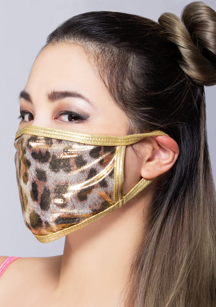 BGlittz Golden Cheetah Dust Mask in metallic gold with all-over cheetah print on metallic gold nylon rave festival face mask — model side view