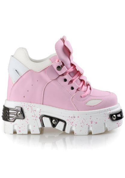 Side studio view of Anthony Wang GUAVA 02 Momo Love Pink platform sneakers featuring a pastel pink vegan leather upper with black graphic line accents, silver metal hardware plates, and a chunky white wedge platform sole