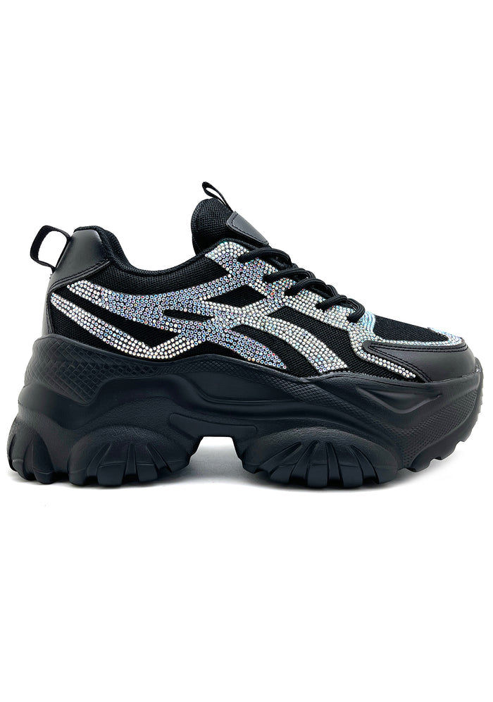 Berness HANNA 02 Endless Mode Rhinestone Black Platform Sneakers featuring a chunky 2-inch rubber platform sole and a black nylon mesh and vegan leather upper.