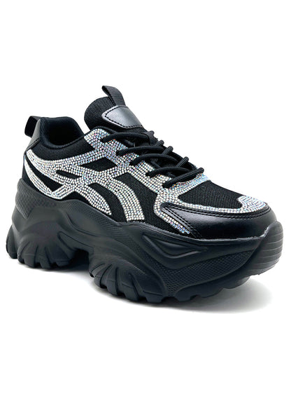 Front angled profile of the black HANNA 02 rhinestone rave sneakers, highlighting the breathable nylon mesh fabric and classic lace-up design.