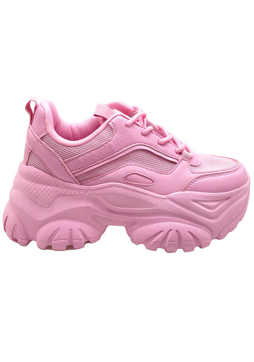 Berness HANNA Kawaii Kandy Pink Platform Sneakers featuring a chunky 2-inch rubber platform sole and breathable solid pink mesh upper.