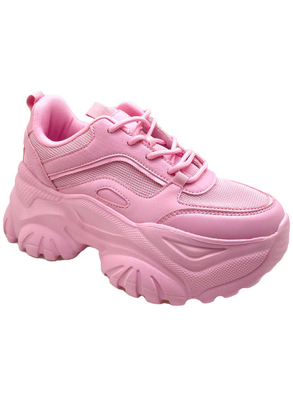 Angled side view of the pink HANNA Kawaii Kandy rave sneakers, showcasing the mixed texture of the pink mesh upper and vegan leather panels.