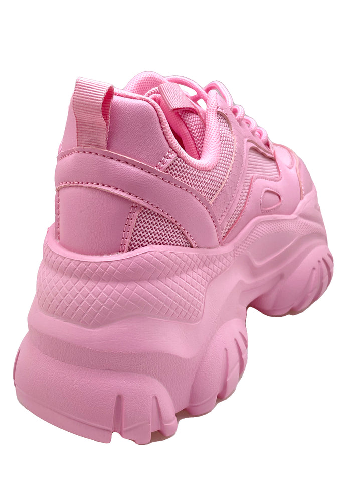 Rear view of the pink Berness platform sneakers, detailing the high-profile chunky rubber heel design and clean seams.