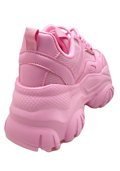 Rear view of the pink Berness platform sneakers, detailing the high-profile chunky rubber heel design and clean seams.
