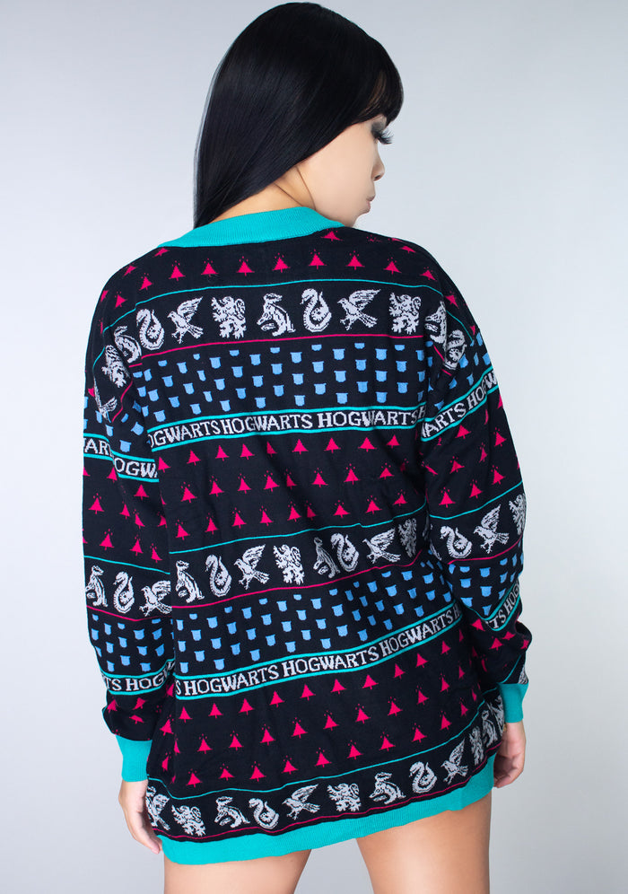 Bioworld Harry Potter Hogwarts House Holiday Cardigan in black multi with jacquard knit house-themed pattern on fandom rave festival jacket — back view