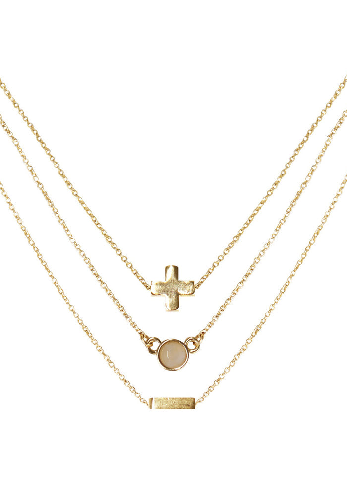 Charged Heart Rose Quartz Delicate Chain Necklace Set in gold with raw rose quartz stone on three 18k gold plated chain crystal festival necklace set — front view