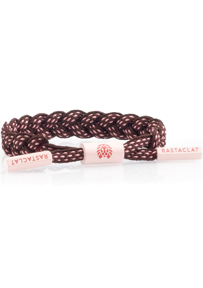 Rastaclat Hex Flex Velocity Mini Clat Bracelet in brown pink with hexagon aglets and braided cord on festival bracelet — front view