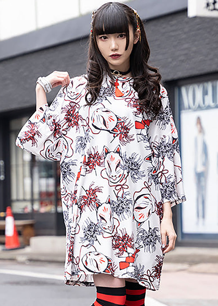 ACDC Rag Higabana Kitsune Fox White Oversized Tee — front flat lay