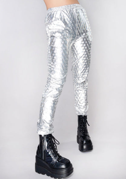 Hot & Delicious High Frequency Silver Hologram Drawstring Pants in silver with hologram poly-blend material on rave bottoms — side view