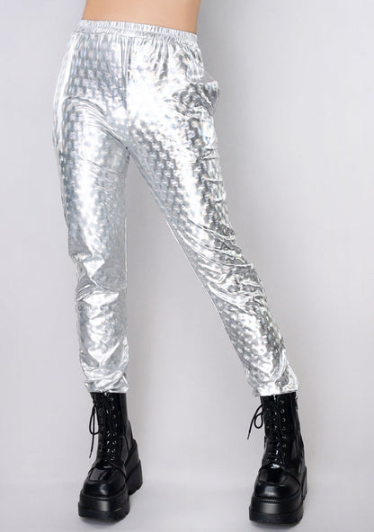 Hot & Delicious High Frequency Silver Hologram Drawstring Pants in silver — model view