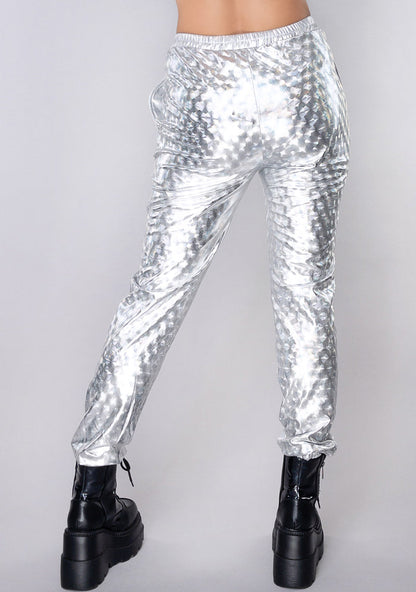 Hot & Delicious High Frequency Silver Hologram Drawstring Pants in silver — model back view