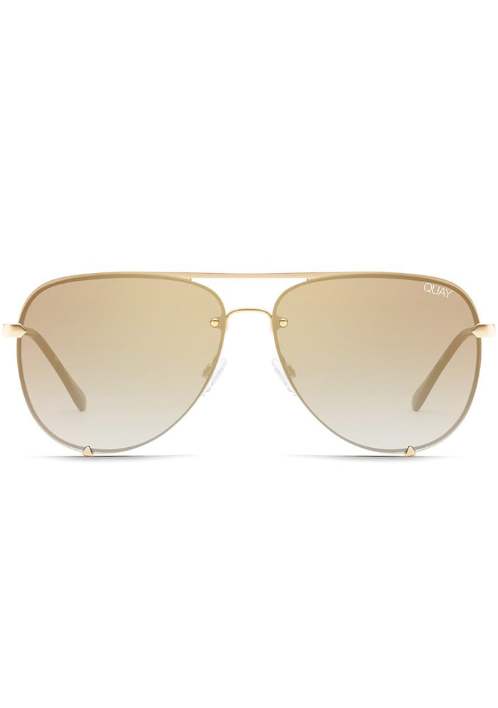 Quay Australia High Key Rimless Sunglasses in gold brown with rimless aviator style and brown fade lens on festival sunglasses — front view