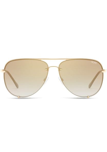Quay Australia High Key Rimless Sunglasses in gold brown with rimless aviator style and brown fade lens on festival sunglasses — front view