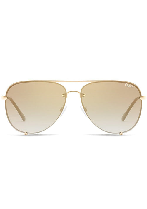 Quay Australia High Key Rimless Sunglasses in gold brown with rimless aviator style and brown fade lens on festival sunglasses — front view