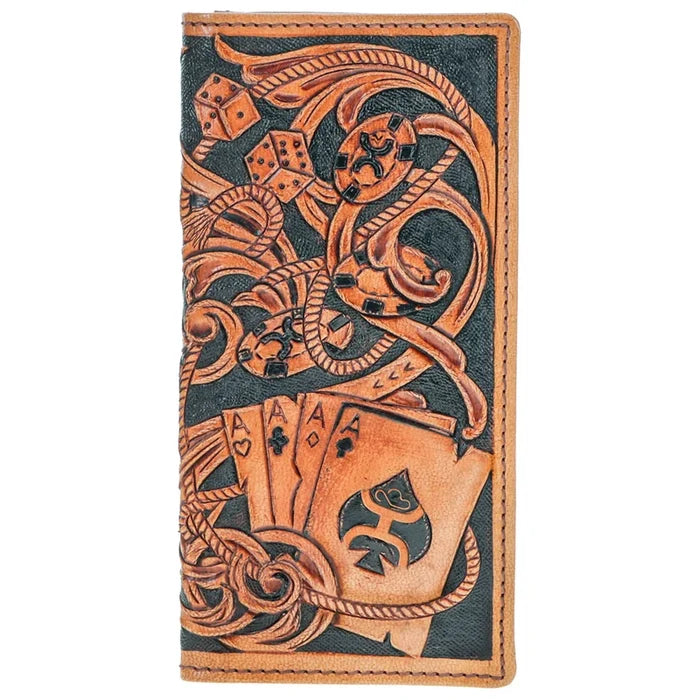 Hooey Gambler Tan & Brown Aces Playing Card Embossed Leather Rivet Logo Rodeo Wallet HW038-TNBR