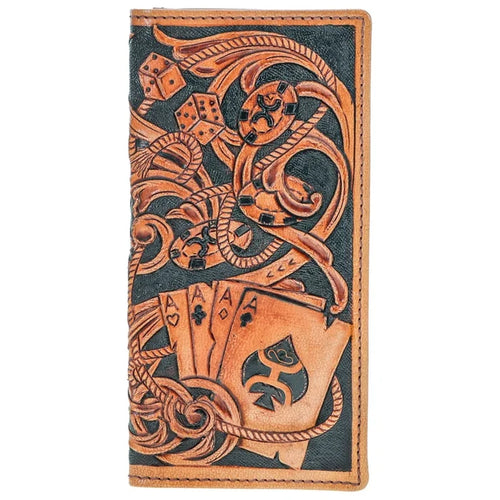 Hooey Gambler Tan & Brown Aces Playing Card Embossed Leather Rivet Logo Rodeo Wallet HW038-TNBR