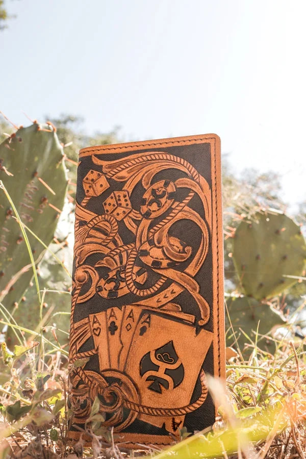Hooey Gambler Tan & Brown Aces Playing Card Embossed Leather Rivet Logo Rodeo Wallet HW038-TNBR