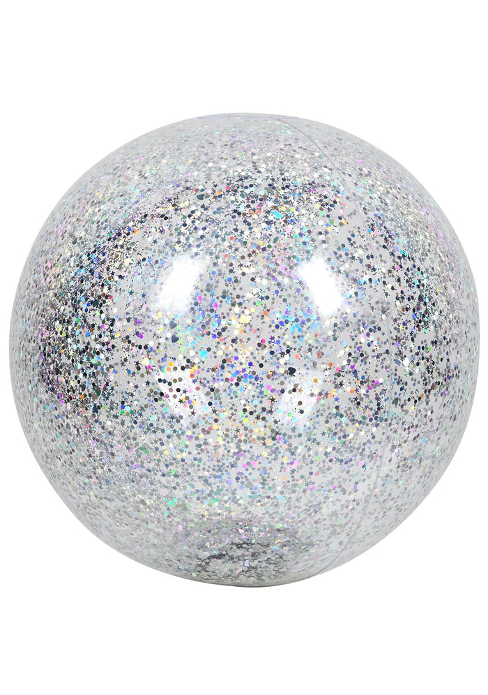 SunnyLife Inflatable Glitter Beach Ball in clear holographic silver with glitter-filled PVC bubble design — front view