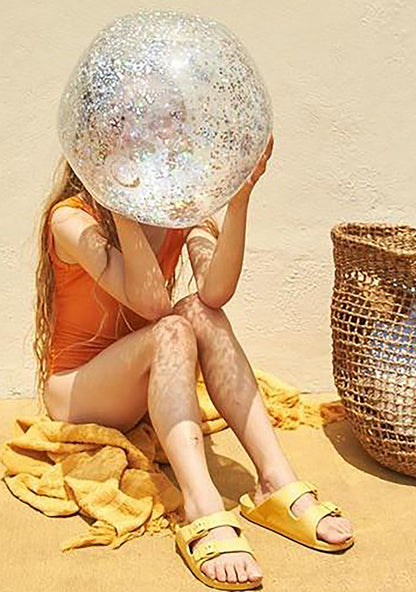 SunnyLife Inflatable Glitter Beach Ball in clear holographic silver — model view
