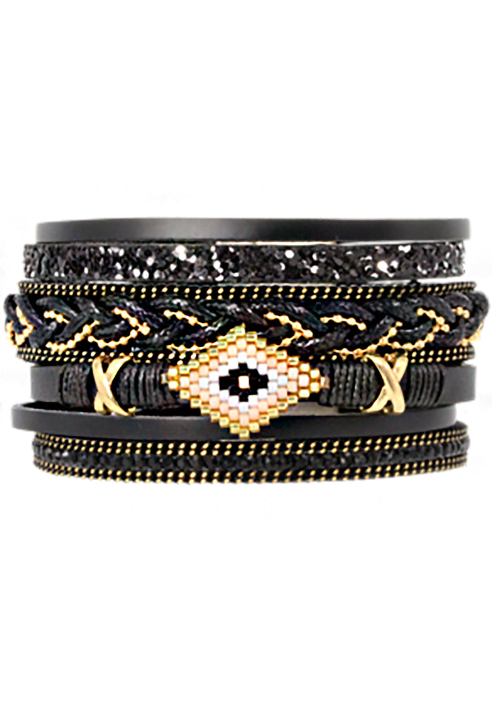 Erimish Into The Night Multi Strand Bracelet in black with rhinestone accents and braided black gold detailing on festival bracelet — front view