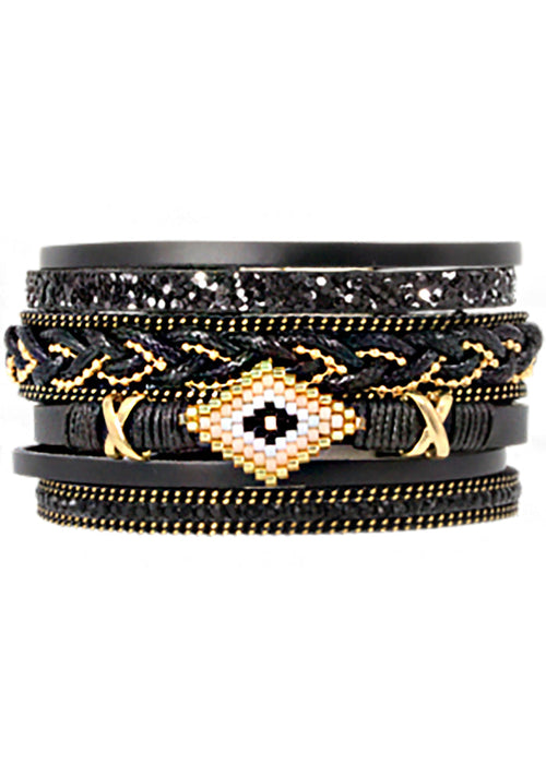 Erimish Into The Night Multi Strand Bracelet in black with rhinestone accents and braided black gold detailing on festival bracelet — front view