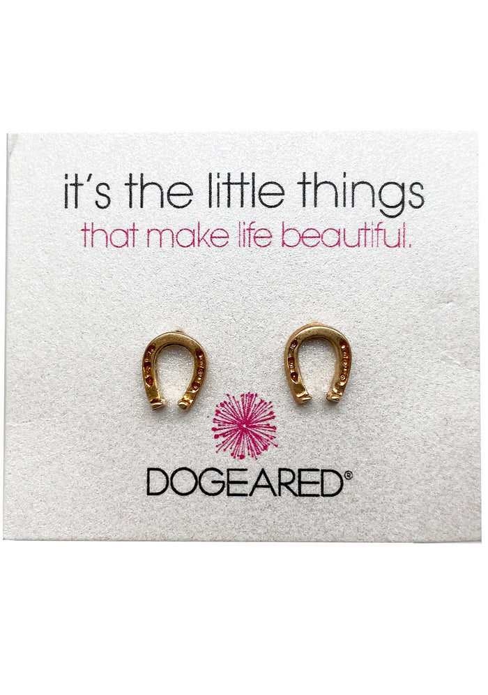 Dogeared Its the Little Things Horseshoe Earrings in gold with horseshoe design and post-stud backing on festival accessory earrings — front view