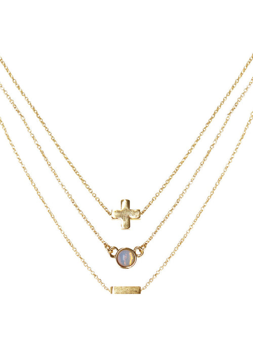 Charged Journey Opal Delicate Chain Necklace Set in gold with raw opal stone on three 18k gold plated chain crystal festival necklace set — front view