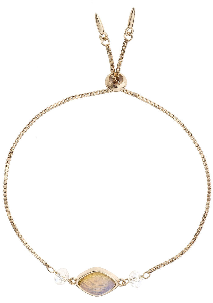 Charged Journey Opal Gemstone Bracelet in gold with raw opal quartz centerpiece and glass bead accents on adjustable 18k gold plated crystal festival bracelet — front view