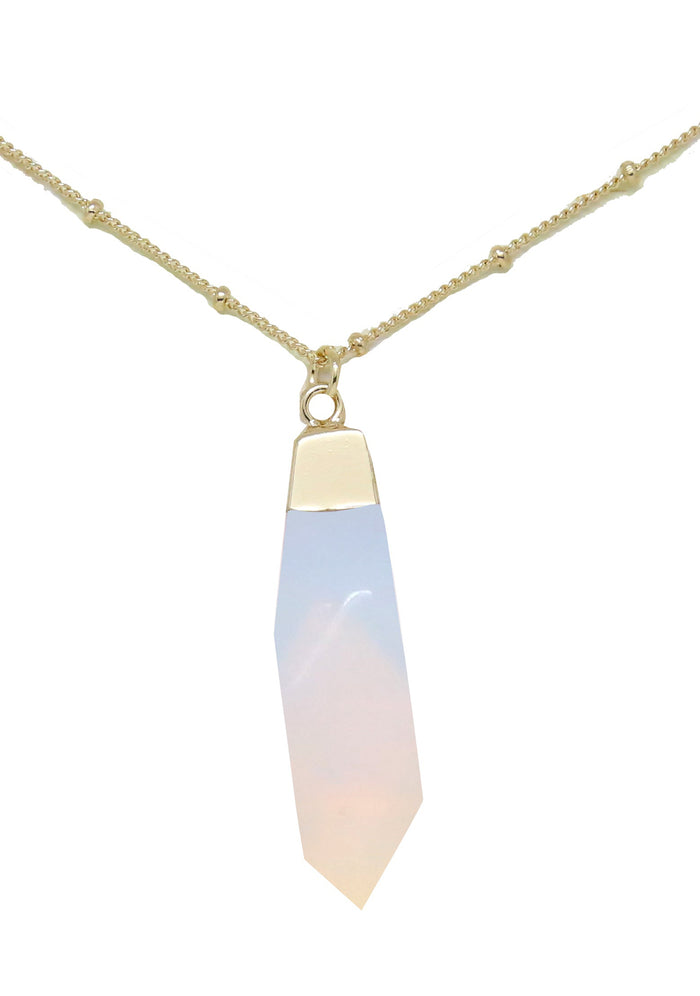Charged Journey Opal Gemstone Necklace in gold with raw opal quartz stone pendant on 18k gold plated chain crystal festival necklace — front view