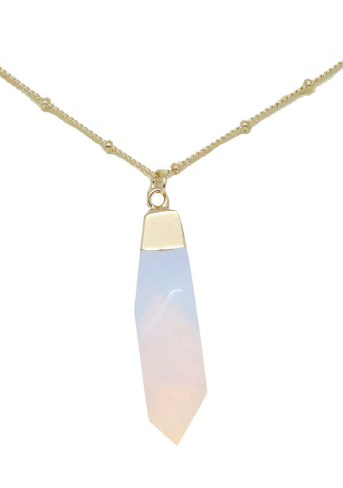 Charged Journey Opal Gemstone Necklace in gold with raw opal quartz stone pendant on 18k gold plated chain crystal festival necklace — front view