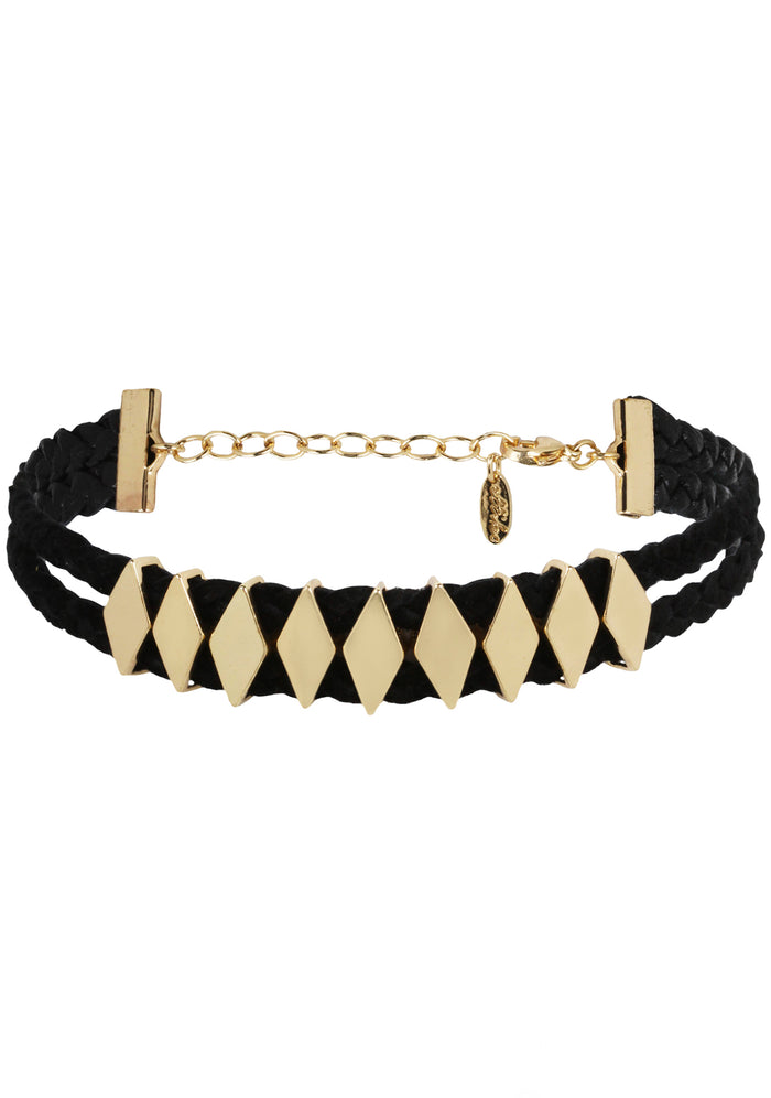 Ettika Just Rebellious Choker in black gold with double-roped cord and gold plated centerpiece detail on festival necklace — front view