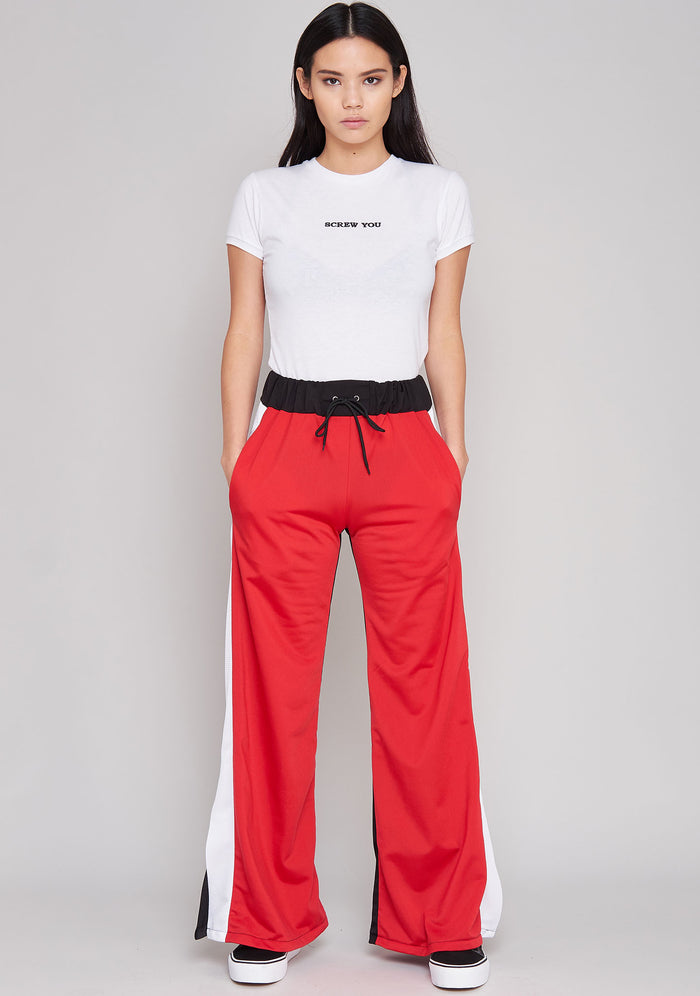 The Ragged Priest Jux Jogger Pants in red multi — model view