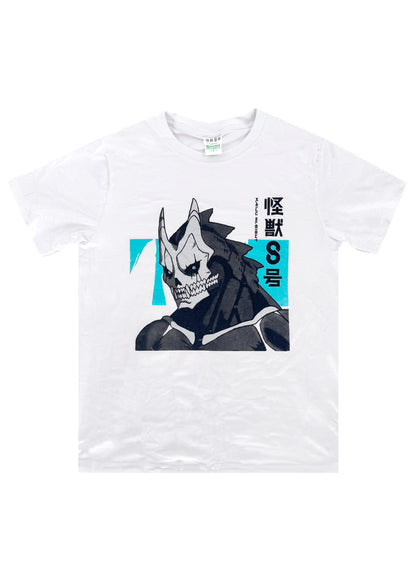 Maxed Limited Kaiju No. 8 Bottle Tee in white with full front graphic on rave t-shirt — front view