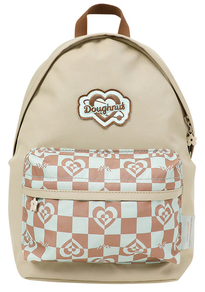 Doughnut Official Kaleido Series Plus One Mini Backpack in mushroom checked brown teal with motif checker print and flower charm zipper pull on festival backpack — front view