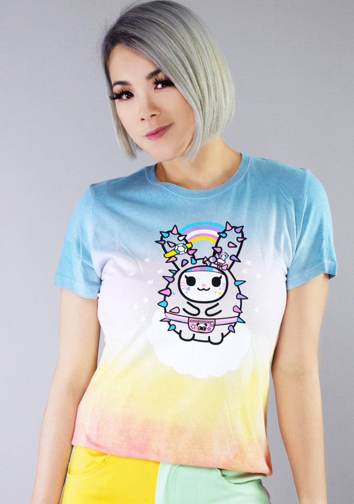 tokidoki Kawaii Bunny T-Shirt in multicolor with kawaii bunny graphic on front on 100% cotton unisex rave tee — model front view
