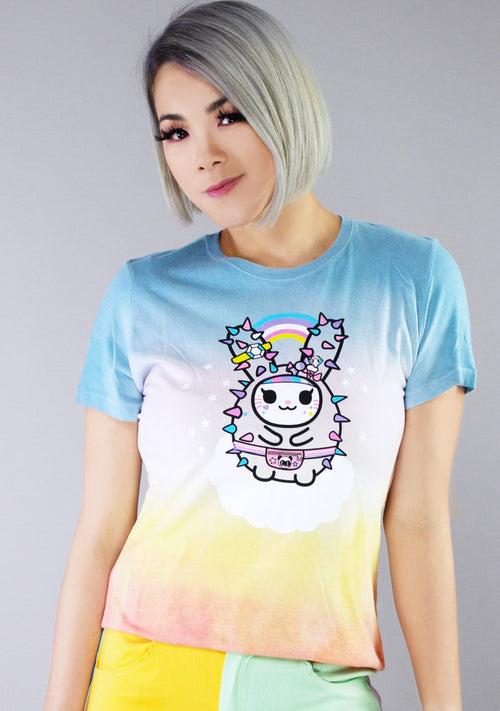 tokidoki Kawaii Bunny T-Shirt in multicolor with kawaii bunny graphic on front on 100% cotton unisex rave tee — model front view