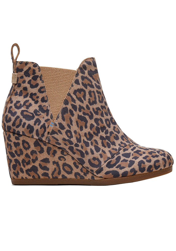 TOMS Kelsey Suede Boot in leopard with all-over leopard print on suede wedge heel festival ankle boot — front view