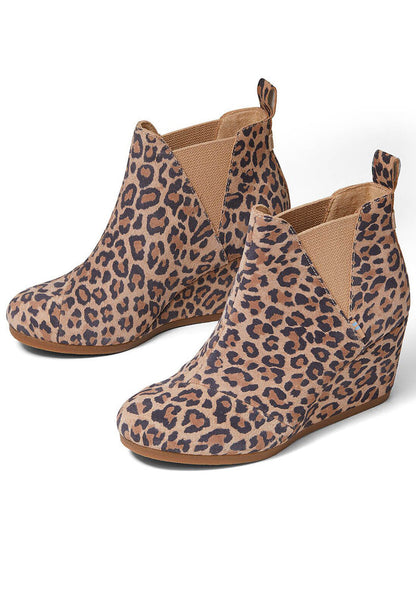 TOMS Kelsey Suede Boot in leopard with all-over leopard print on suede wedge heel festival ankle boot — side detail view
