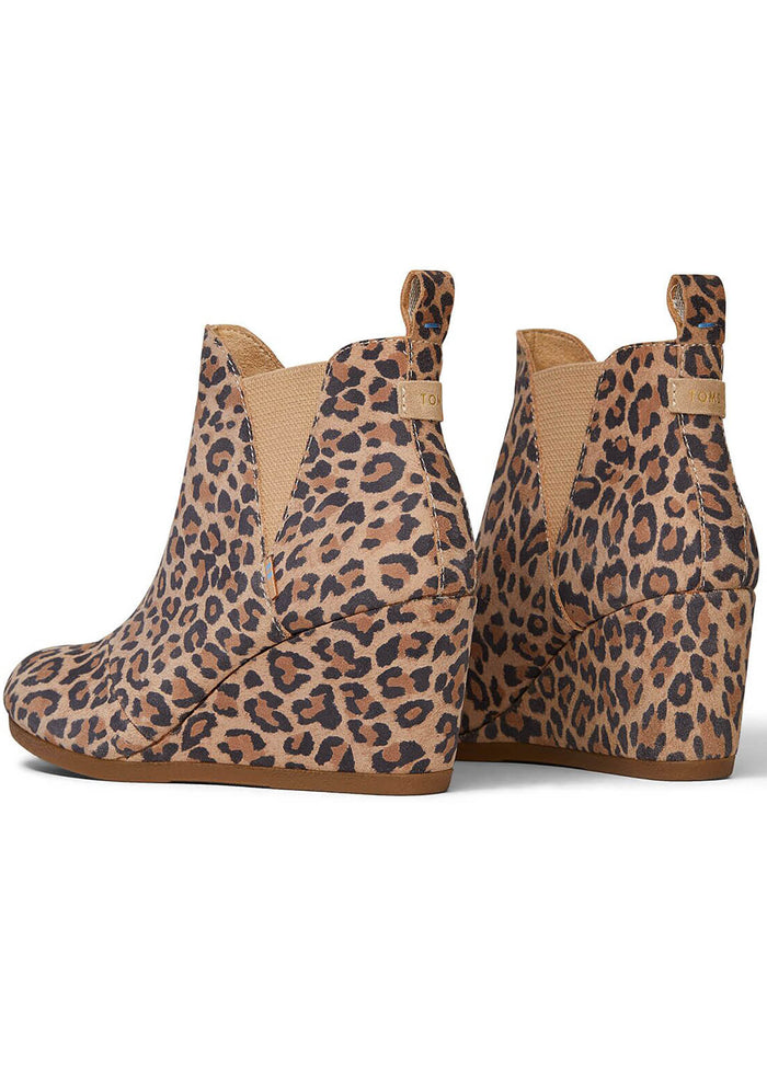 TOMS Kelsey Suede Boot in leopard with all-over leopard print on suede wedge heel festival ankle boot — sole view