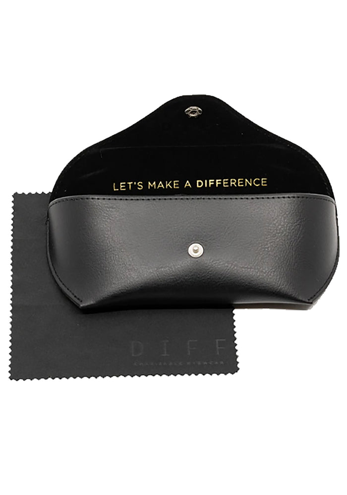 DIFF Eyewear Kendra Sunglasses in matte black grey — travel case view