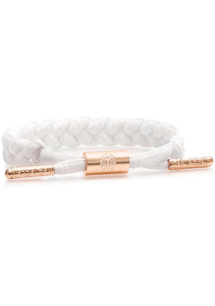 Rastaclat Kim Women's Classic Miniclat Bracelet in white rose gold with braided shoelace design and rose gold hardware on festival bracelet — front view
