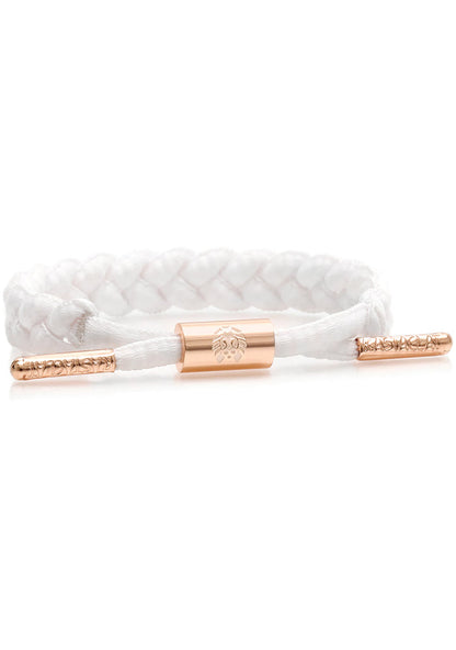 Rastaclat Kim Women's Classic Miniclat Bracelet in white rose gold with braided shoelace design and rose gold hardware on festival bracelet — front view