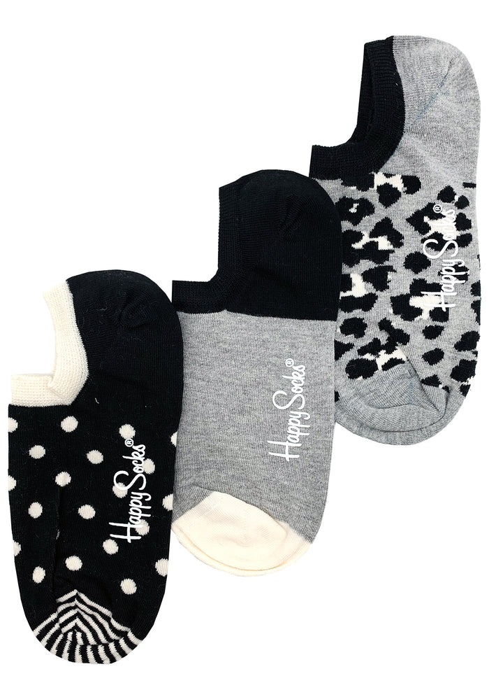 Happy Socks Ladies Leo 3 Pack Liner Socks in grey black with polka dot stripe and leopard print on festival socks — packaging view