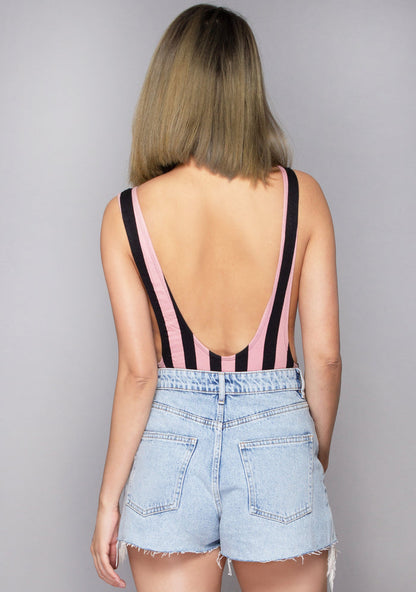 Motel Rocks Lalung Lycra Stripe Bodysuit in pink black — model back view