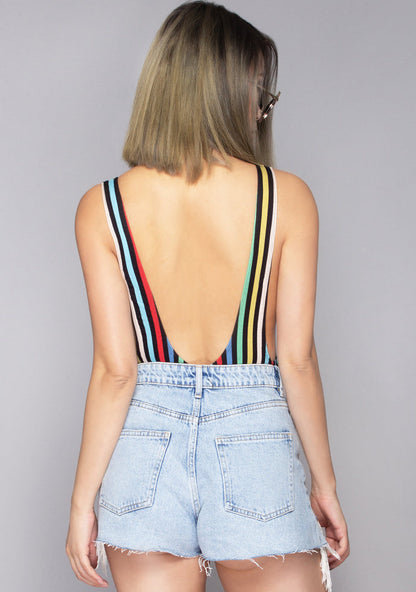 Motel Rocks Lalung P.E. Stripe Bodysuit in black multi — model back view