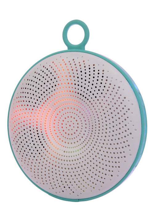 SunnyLife Light Pool Bluetooth Speaker in white turquoise with color changing lights on waterproof floating pool speaker — detail view
