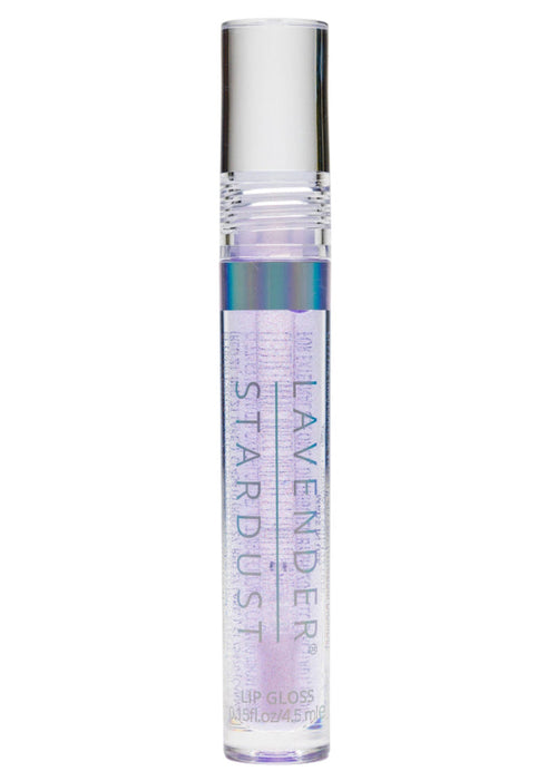 Lavender Stardust Lilac Sparkle Cosmic Lip Gloss in light purple with iridescent shimmer on rave makeup lip gloss — front view