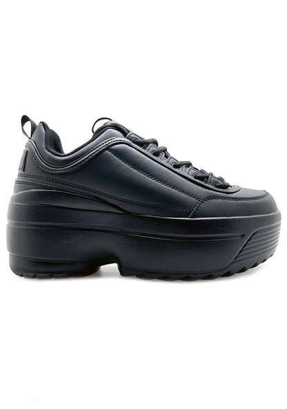 Berness LILY 5005 Next Level Black Platform Sneakers featuring a chunky 2-inch rubber platform sole and sleek black vegan leather upper.